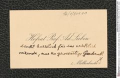 Nachlass Franz Steindachner, Visitenkarte von Adolf Lieben an Franz Steindachner (05.12.1906), Inv.Nr. 301.01, Seite 1